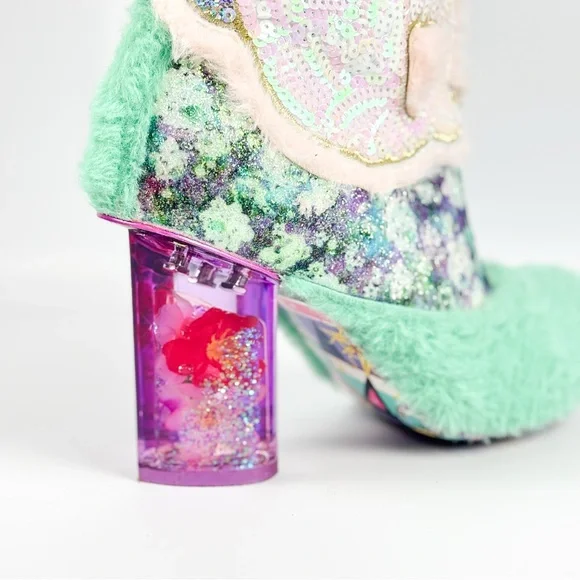 Irregular Choice “Lapin” Fuzzy Bunny Sequin Glitter Boots Mint Green & Pink - Picture 5 of 6